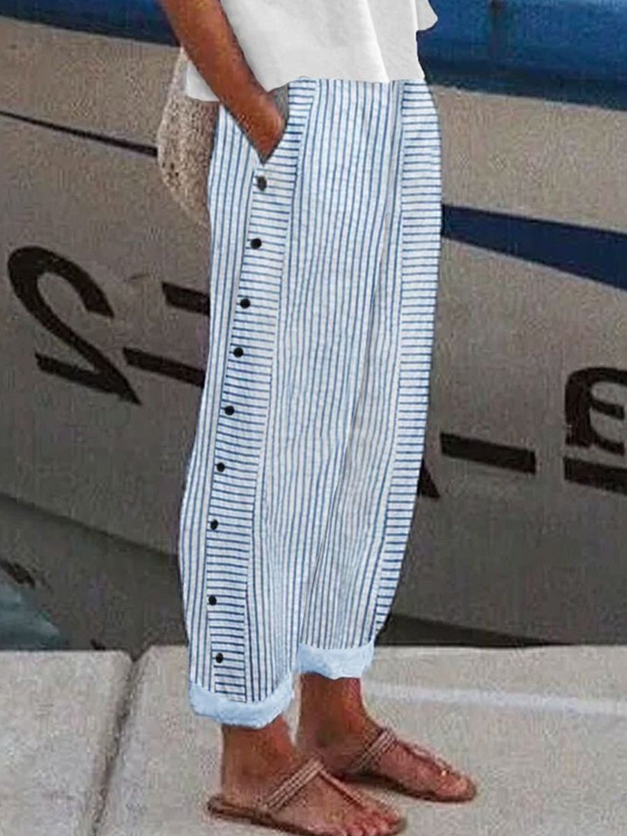 Women's Blue Striped Side-Button Casual Pants With Pockets